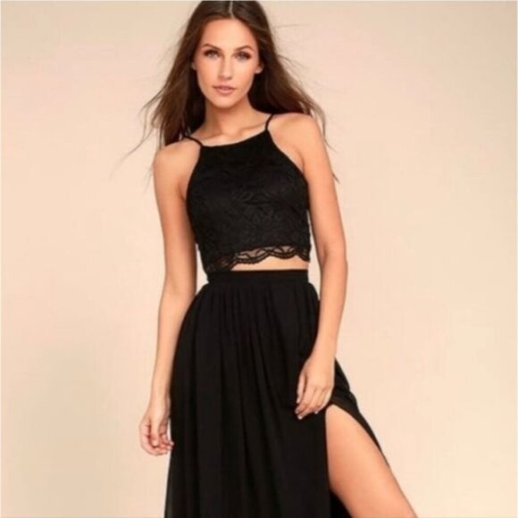 Lulus Black Lace Crop Top & Maxi Skirt Set w/ High Slit & Lace‑Up Back – S - Picture 1 of 16